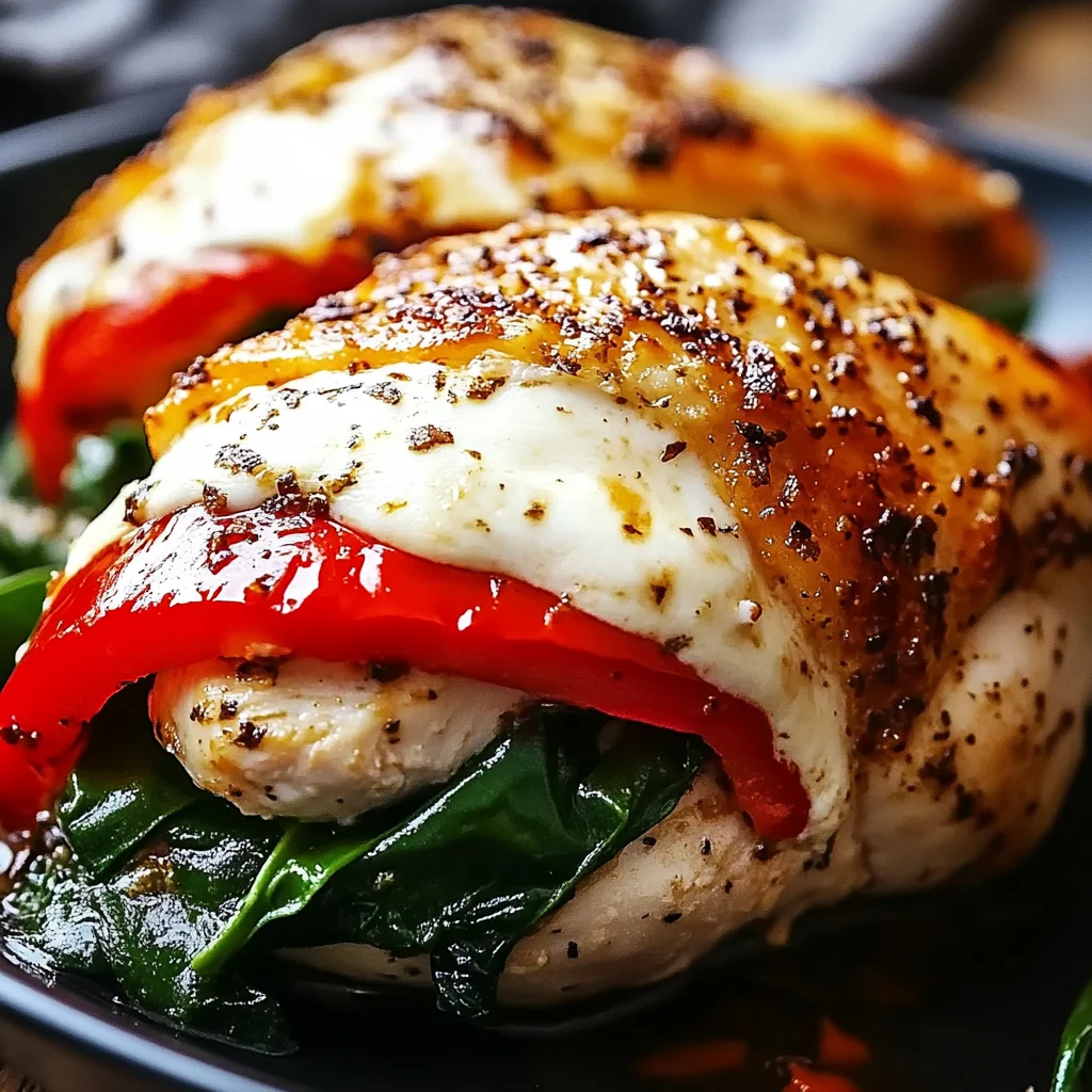 Roasted Red Pepper, Spinach, and Mozzarella Stuffed Chicken
