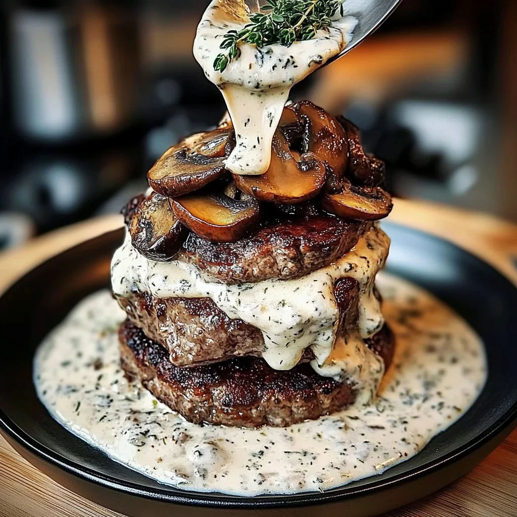 Beef and Mushroom Stack with Thyme Feta Cream Sauce