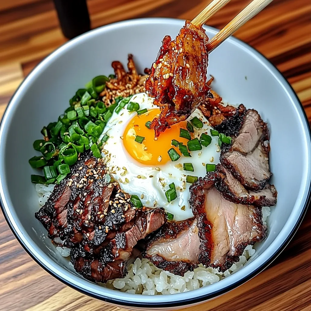 Char Siu beef Bowl with Crispy Fried Shallots & Sunny-Side Up Egg