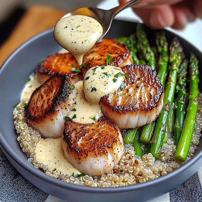 Seared Scallops, Asparagus, and Quinoa Bowl with Lemon Butter Cream Sauce