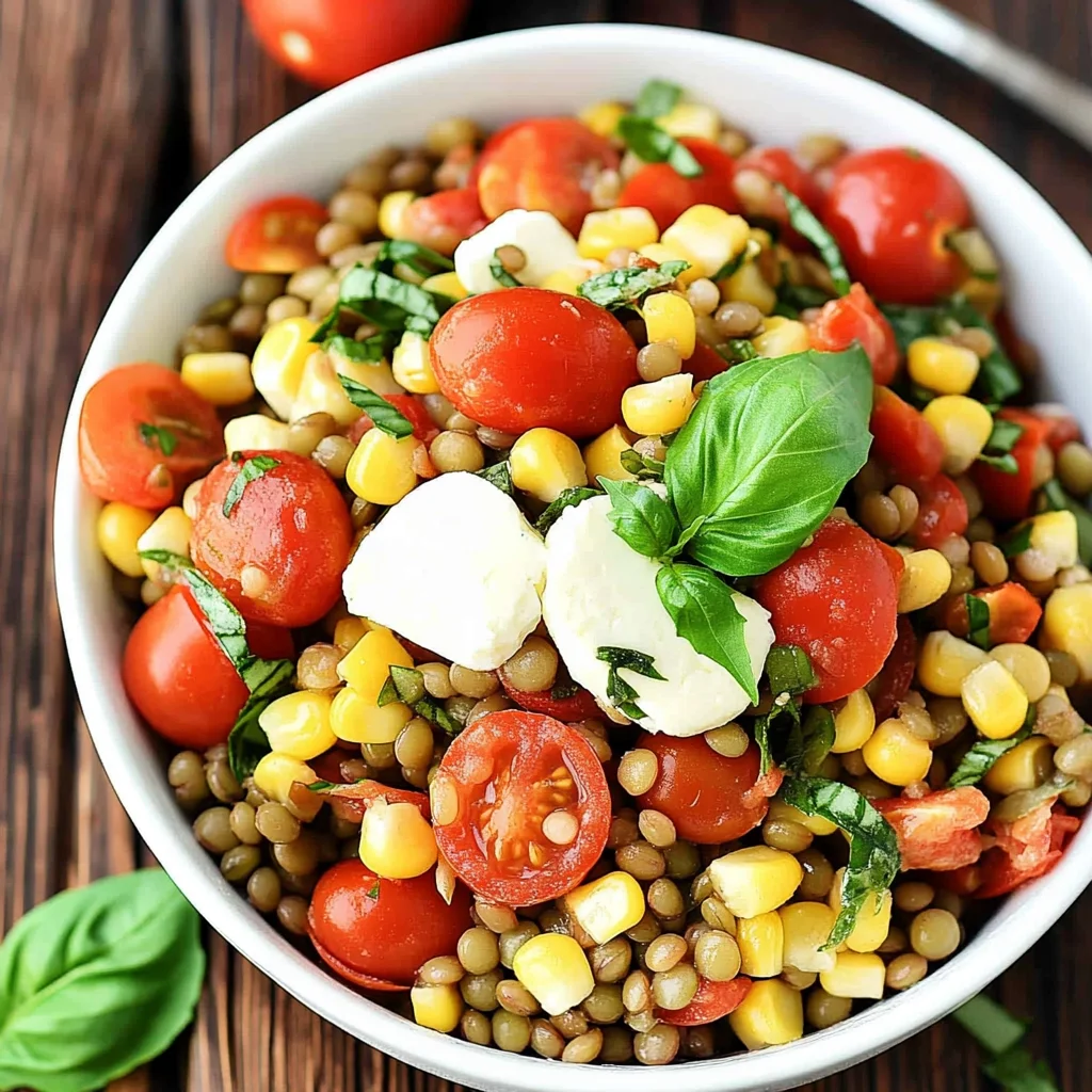Summer Lentil Salad with Corn, Tomatoes, Mozzarella & Basil