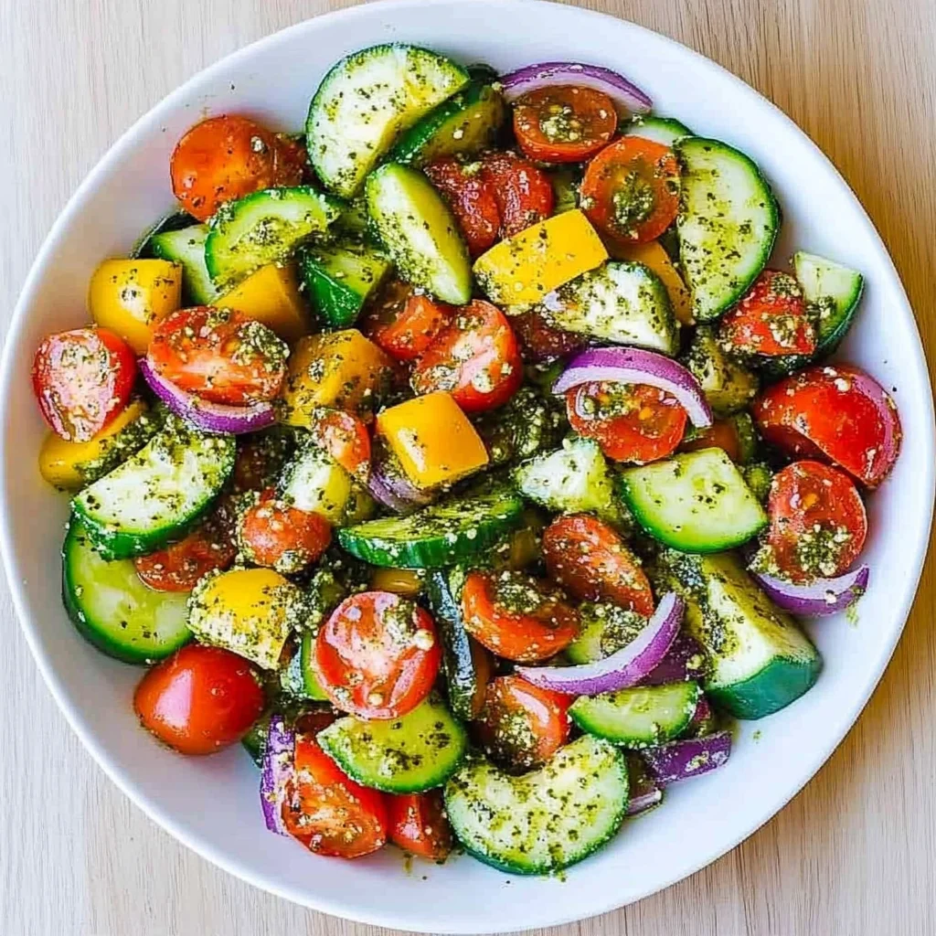 Tomato Cucumber Avocado Salad with Basil Pesto