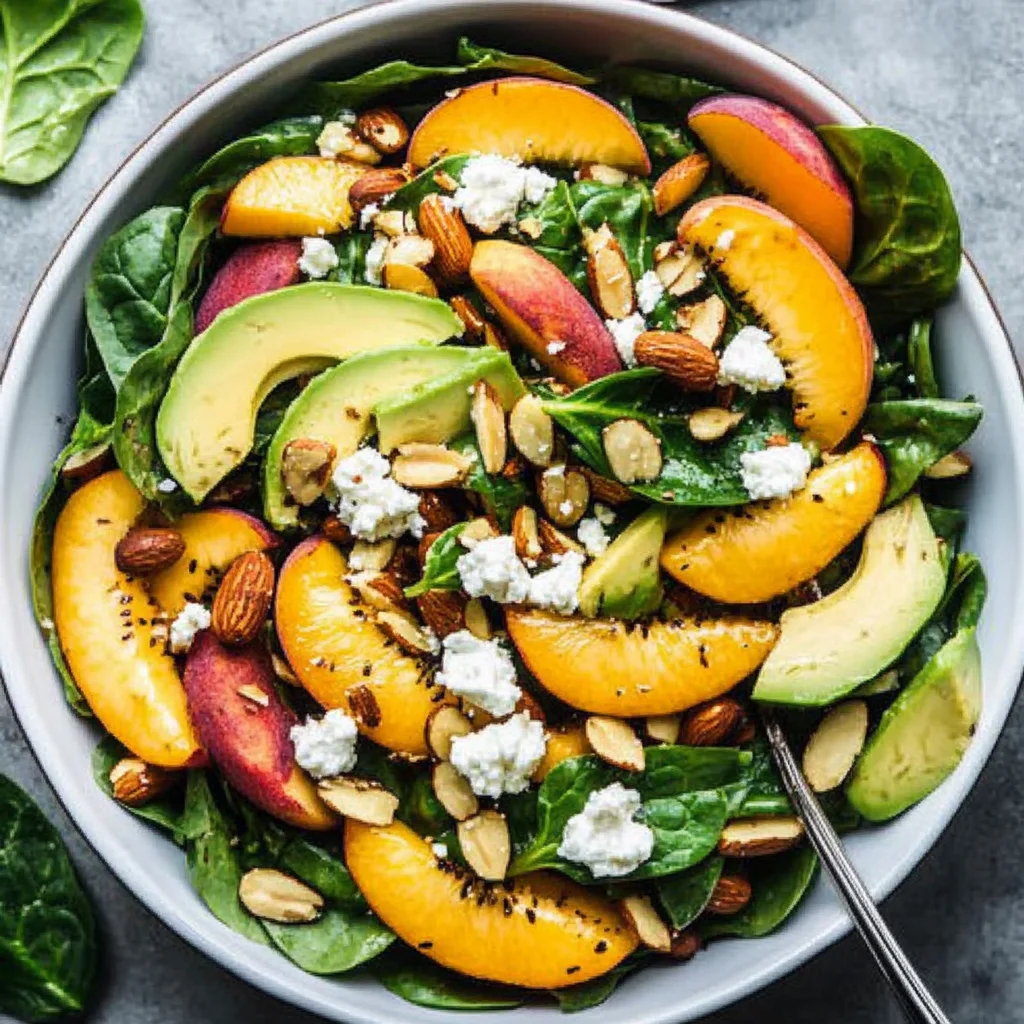 Summer Peach Spinach Salad with Avocado, Toasted Almonds + Goat Cheese